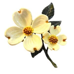 Vintage celluloid Dogwood brooch large detailed creamy white flower power pin